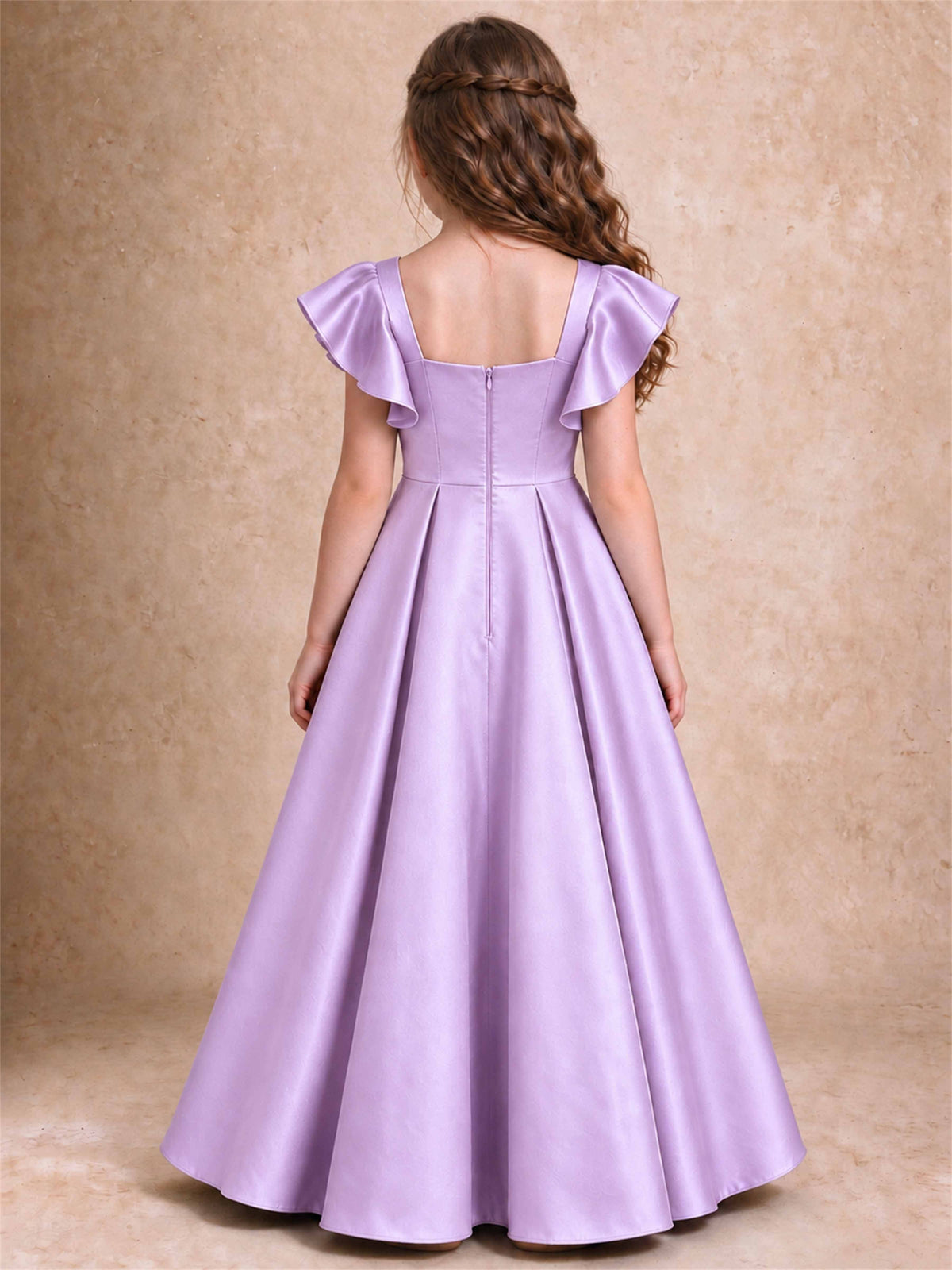 Satin Junior Bridesmaid Dress Ruffle Cap Sleeve Floor Length A Line Wedding Gown