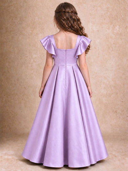 Satin Junior Bridesmaid Dress Ruffle Cap Sleeve Floor Length A Line Wedding Gown