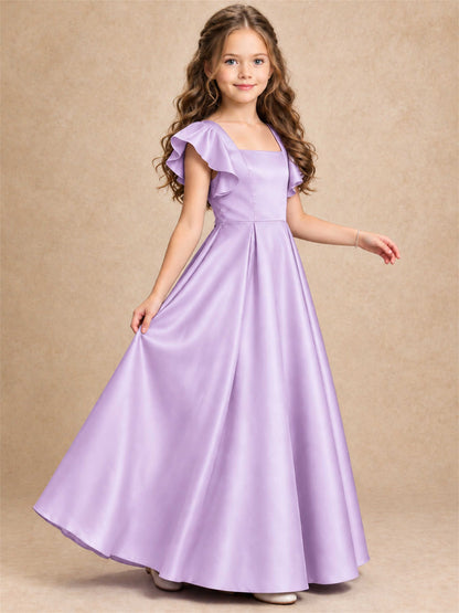 Satin Junior Bridesmaid Dress Ruffle Cap Sleeve Floor Length A Line Wedding Gown