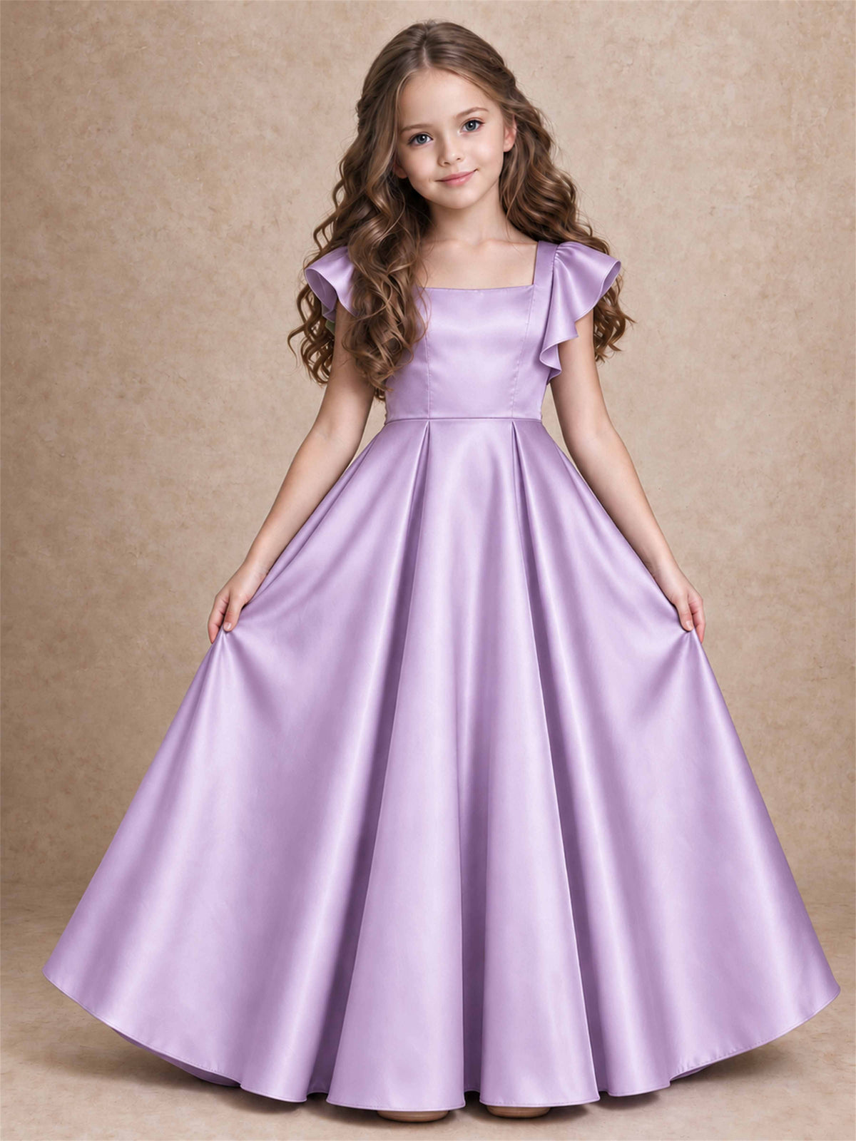Satin Junior Bridesmaid Dress Ruffle Cap Sleeve Floor Length A Line Wedding Gown