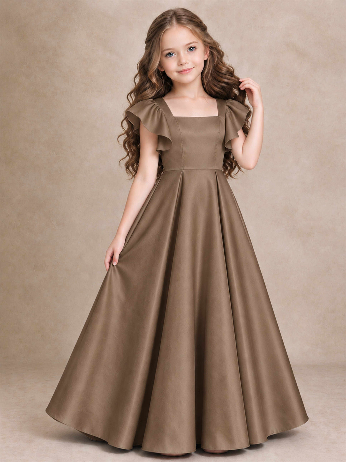 Satin Junior Bridesmaid Dress Ruffle Cap Sleeve Floor Length A Line Wedding Gown