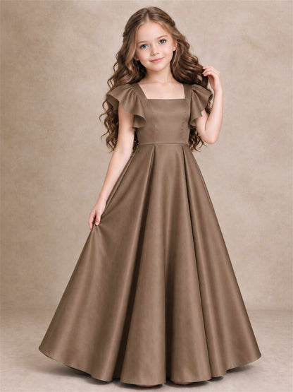Satin Junior Bridesmaid Dress Ruffle Cap Sleeve Floor Length A Line Wedding Gown