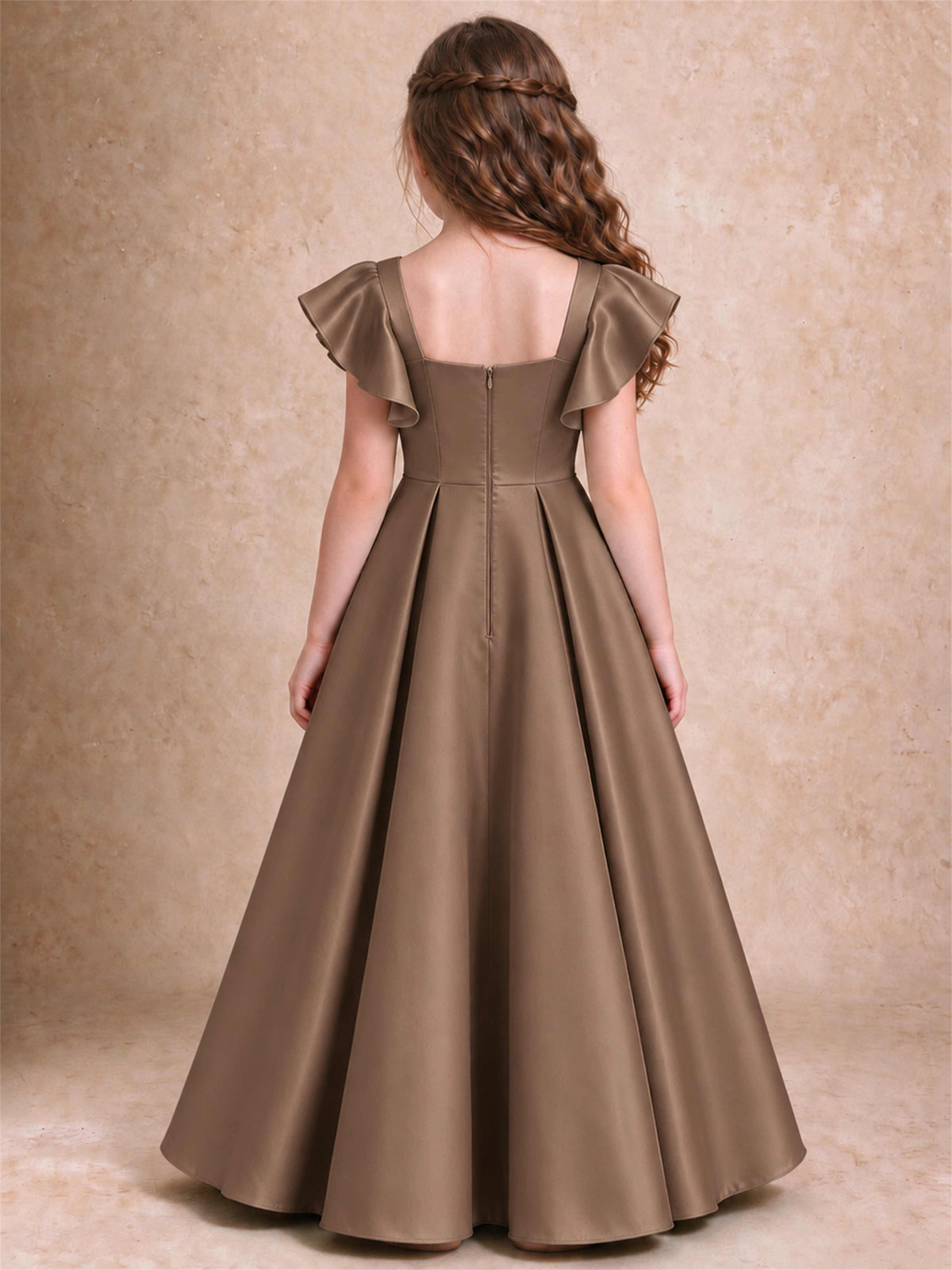 Satin Junior Bridesmaid Dress Ruffle Cap Sleeve Floor Length A Line Wedding Gown