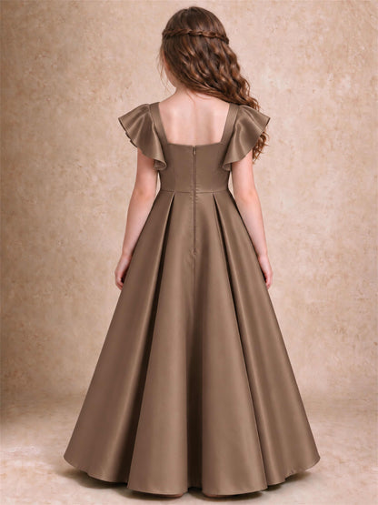 Satin Junior Bridesmaid Dress Ruffle Cap Sleeve Floor Length A Line Wedding Gown