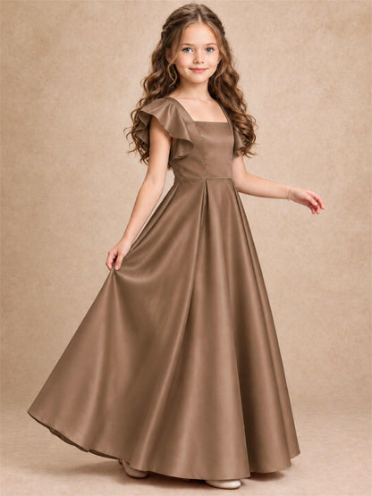 Satin Junior Bridesmaid Dress Ruffle Cap Sleeve Floor Length A Line Wedding Gown