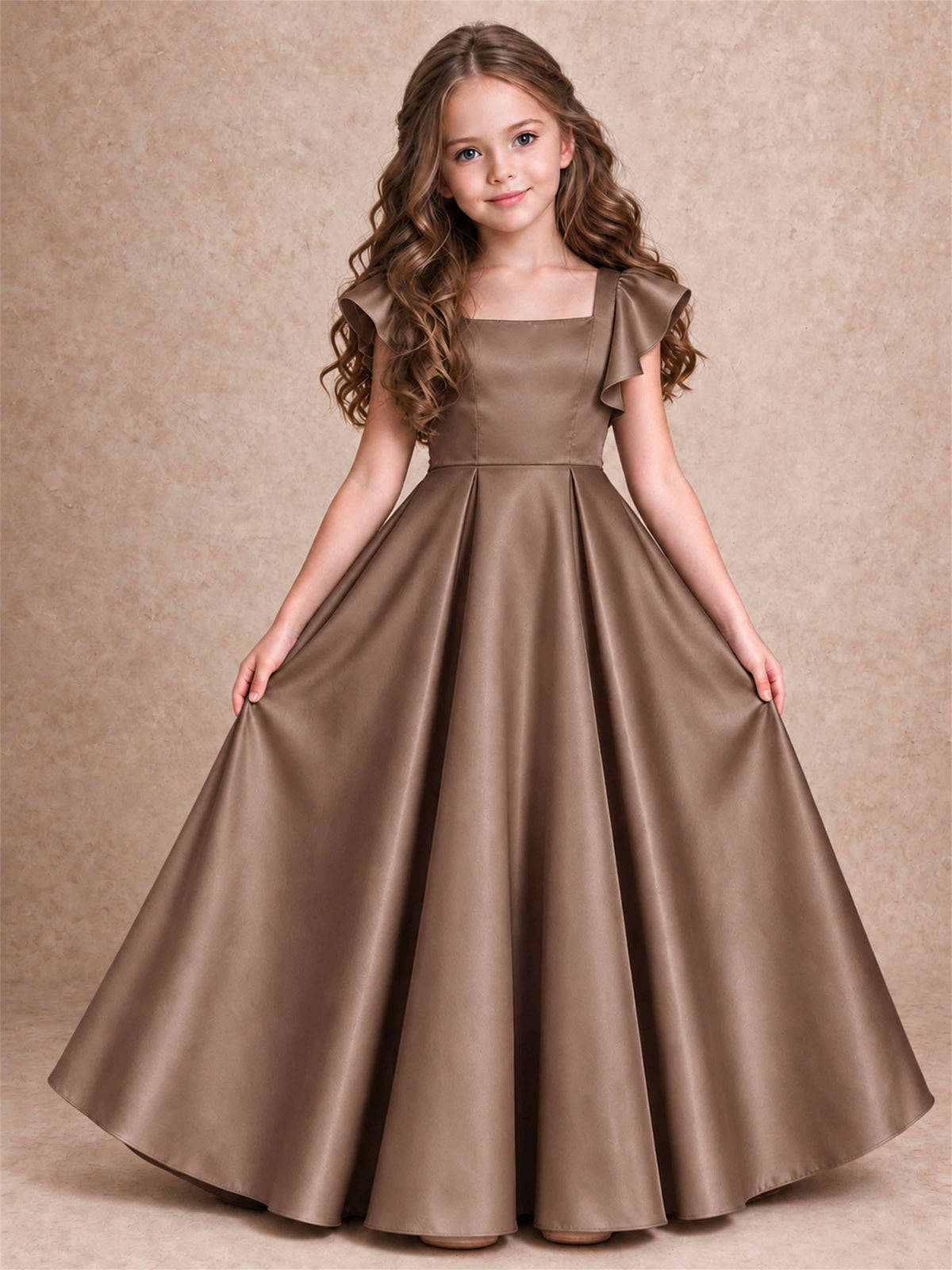 Satin Junior Bridesmaid Dress Ruffle Cap Sleeve Floor Length A Line Wedding Gown