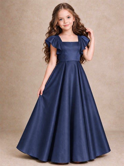 Satin Junior Bridesmaid Dress Ruffle Cap Sleeve Floor Length A Line Wedding Gown