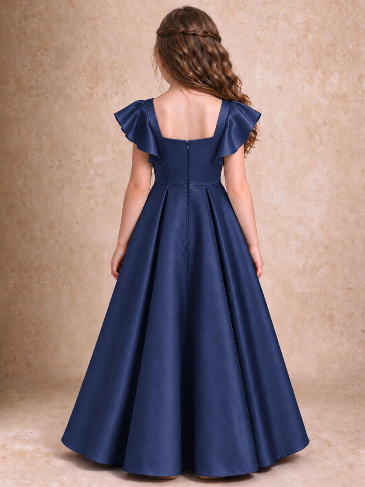 Satin Junior Bridesmaid Dress Ruffle Cap Sleeve Floor Length A Line Wedding Gown