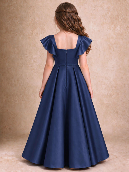Satin Junior Bridesmaid Dress Ruffle Cap Sleeve Floor Length A Line Wedding Gown
