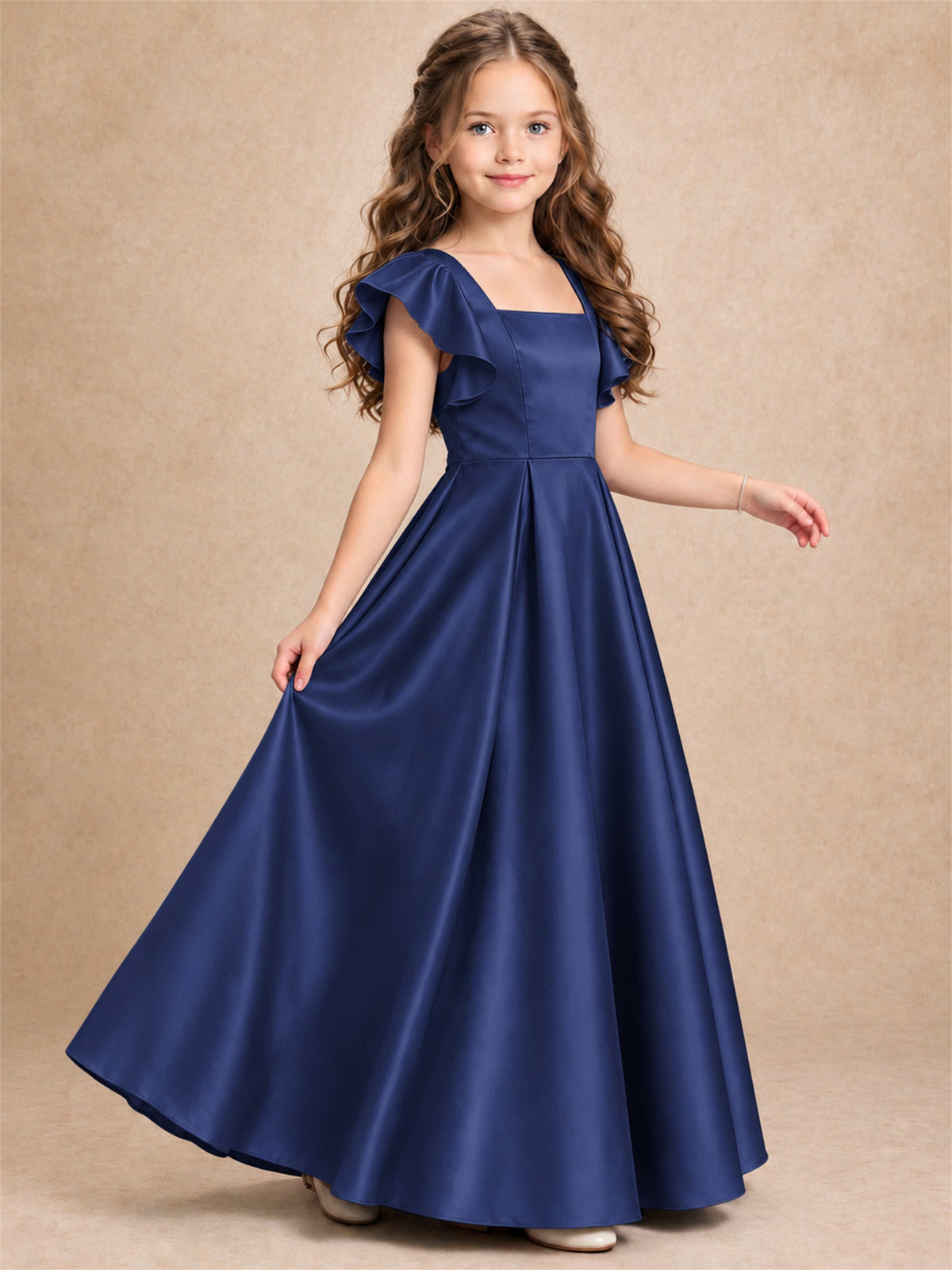 Satin Junior Bridesmaid Dress Ruffle Cap Sleeve Floor Length A Line Wedding Gown