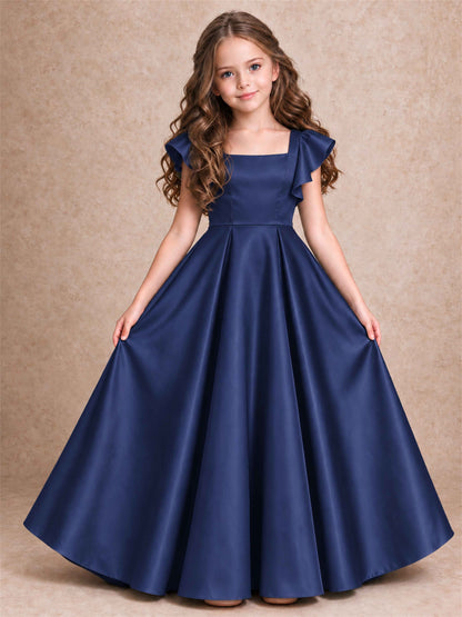Satin Junior Bridesmaid Dress Ruffle Cap Sleeve Floor Length A Line Wedding Gown