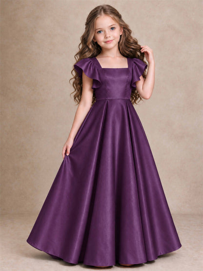 Satin Junior Bridesmaid Dress Ruffle Cap Sleeve Floor Length A Line Wedding Gown