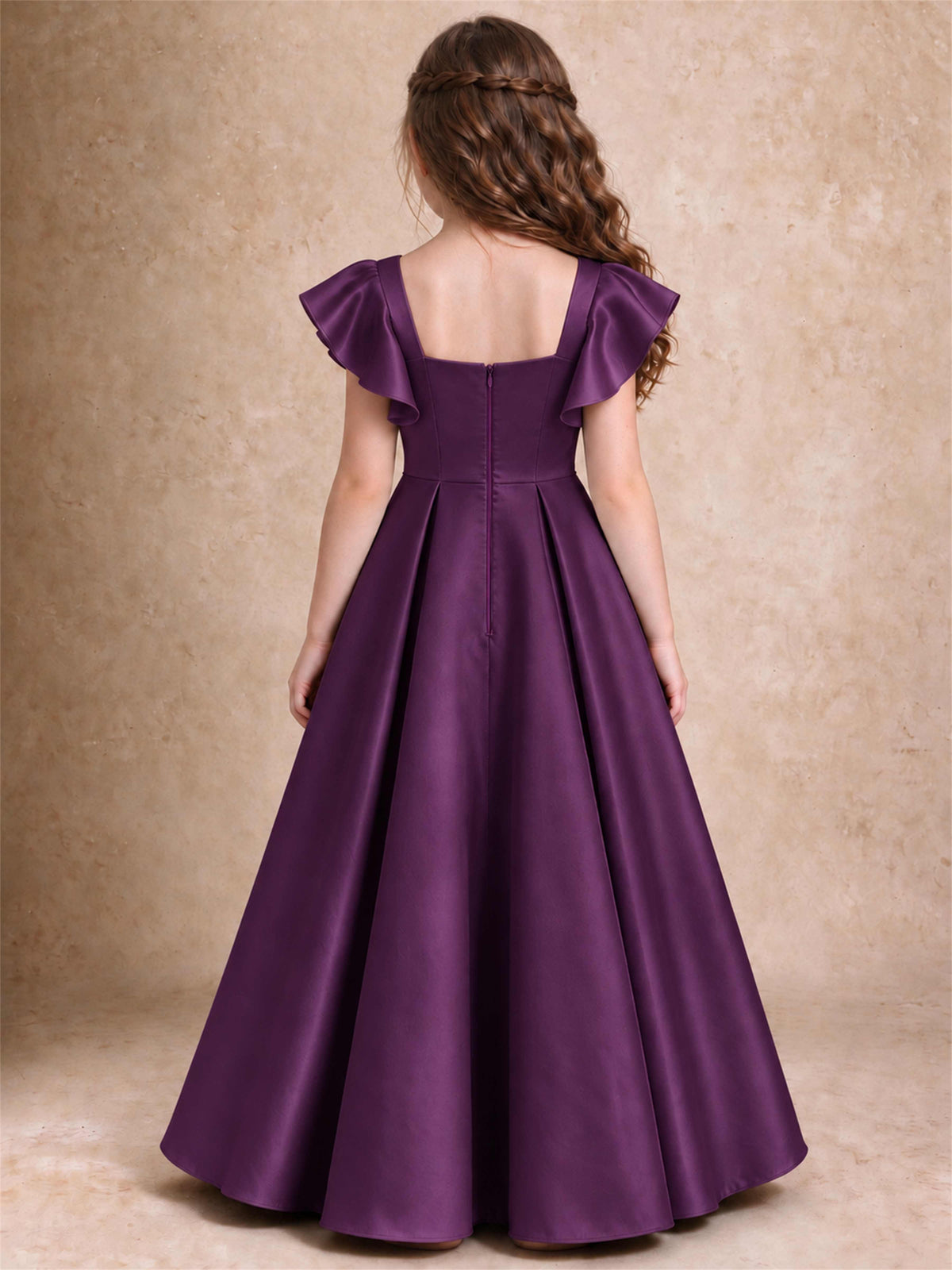 Satin Junior Bridesmaid Dress Ruffle Cap Sleeve Floor Length A Line Wedding Gown