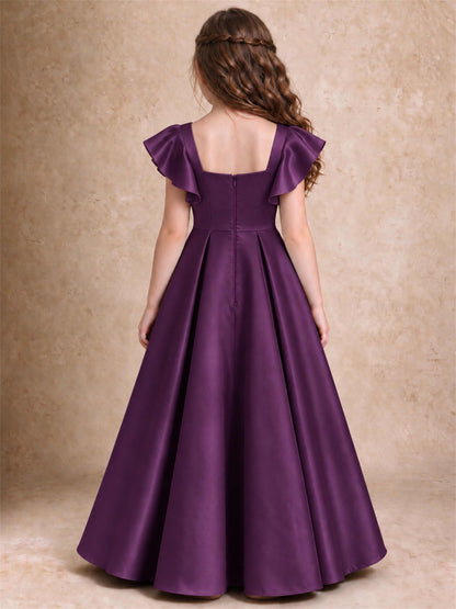 Satin Junior Bridesmaid Dress Ruffle Cap Sleeve Floor Length A Line Wedding Gown