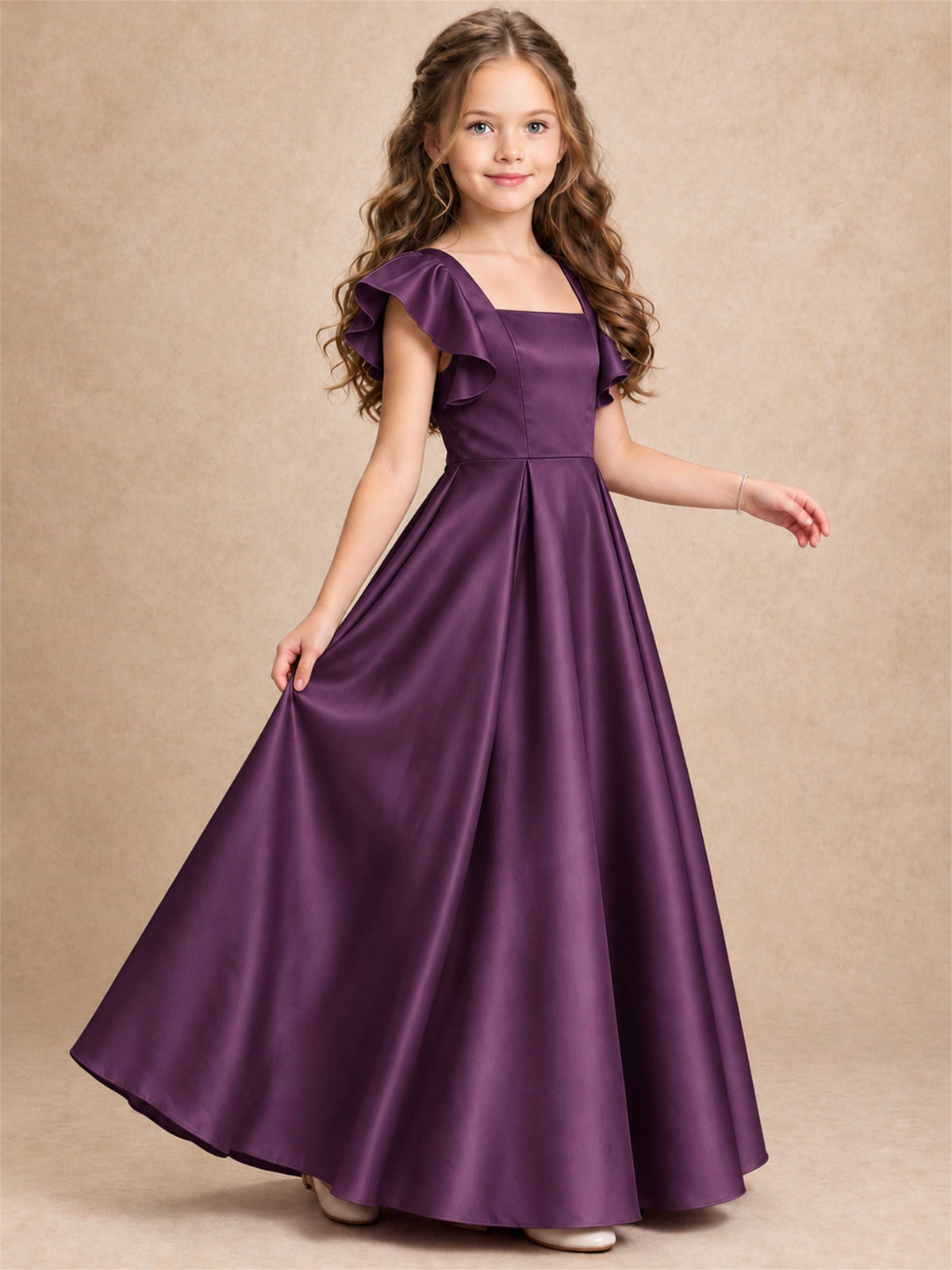 Satin Junior Bridesmaid Dress Ruffle Cap Sleeve Floor Length A Line Wedding Gown