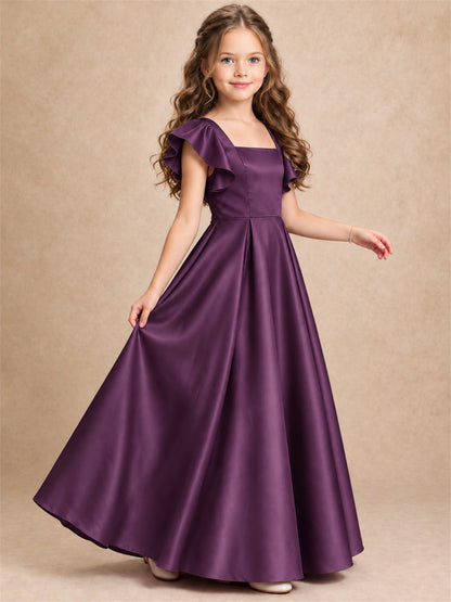 Satin Junior Bridesmaid Dress Ruffle Cap Sleeve Floor Length A Line Wedding Gown