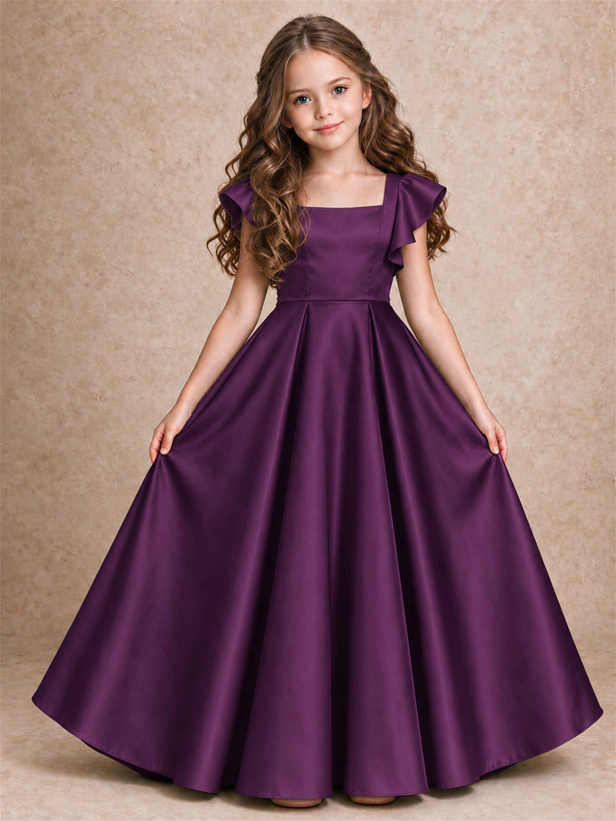 Satin Junior Bridesmaid Dress Ruffle Cap Sleeve Floor Length A Line Wedding Gown