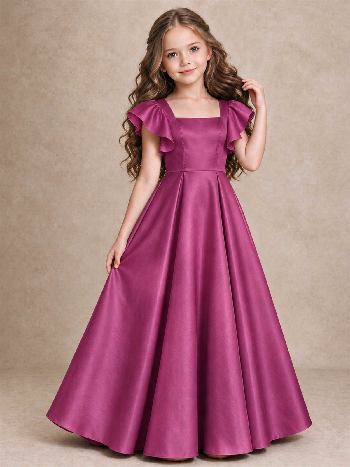 Satin Junior Bridesmaid Dress Ruffle Cap Sleeve Floor Length A Line Wedding Gown