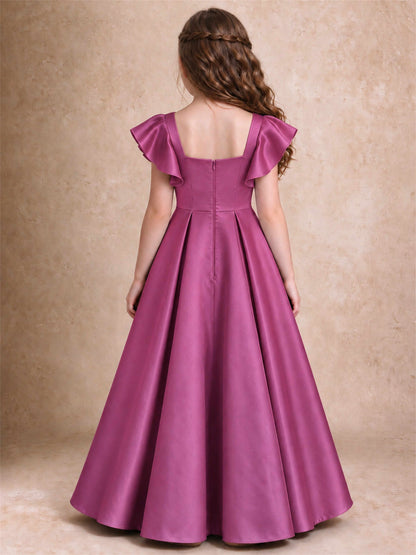 Satin Junior Bridesmaid Dress Ruffle Cap Sleeve Floor Length A Line Wedding Gown