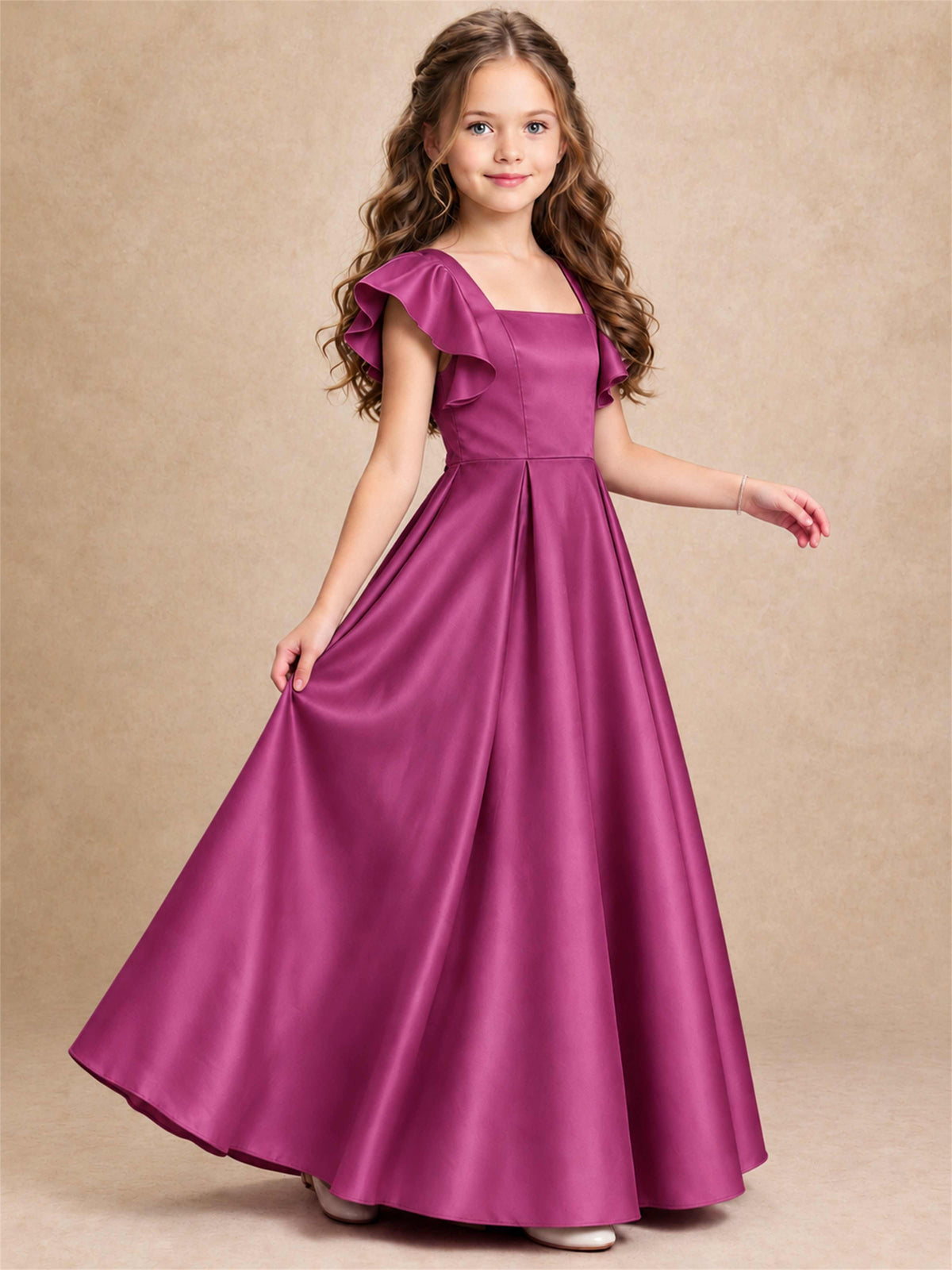 Satin Junior Bridesmaid Dress Ruffle Cap Sleeve Floor Length A Line Wedding Gown