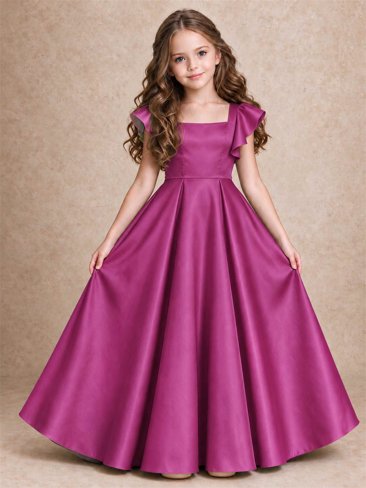 Satin Junior Bridesmaid Dress Ruffle Cap Sleeve Floor Length A Line Wedding Gown