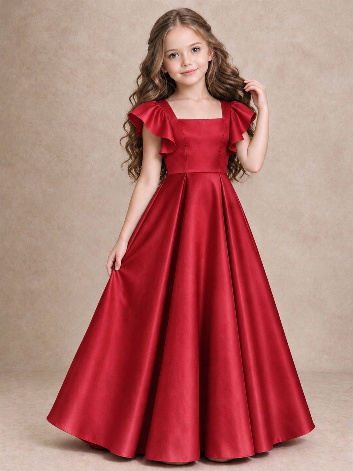 Satin Junior Bridesmaid Dress Ruffle Cap Sleeve Floor Length A Line Wedding Gown