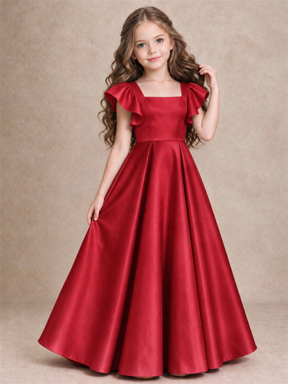 Satin Junior Bridesmaid Dress Ruffle Cap Sleeve Floor Length A Line Wedding Gown