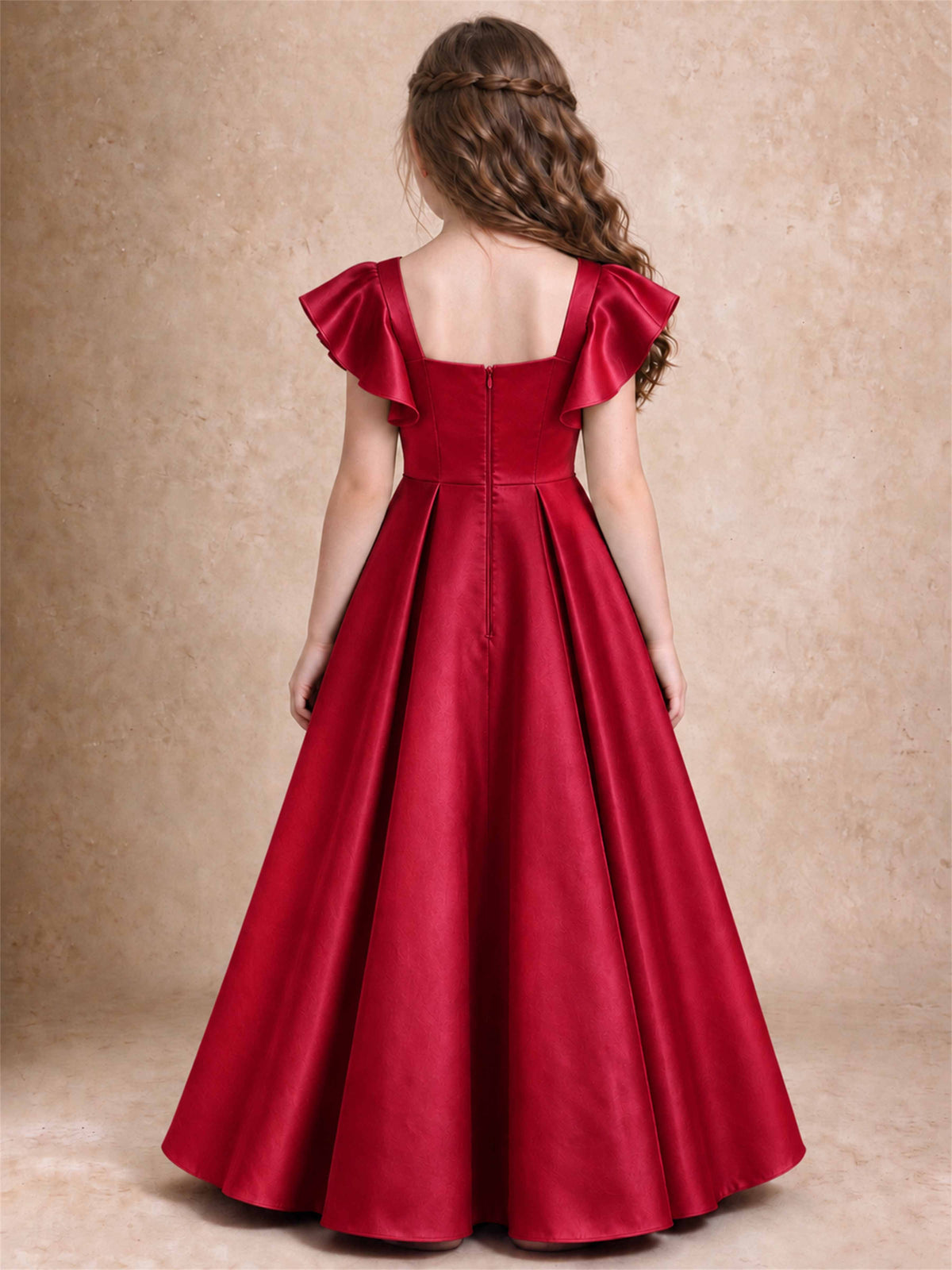 Satin Junior Bridesmaid Dress Ruffle Cap Sleeve Floor Length A Line Wedding Gown