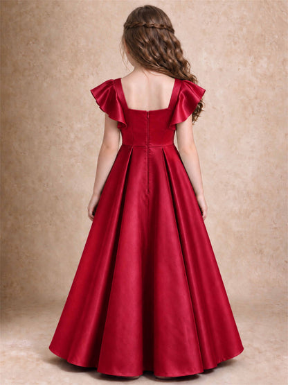 Satin Junior Bridesmaid Dress Ruffle Cap Sleeve Floor Length A Line Wedding Gown