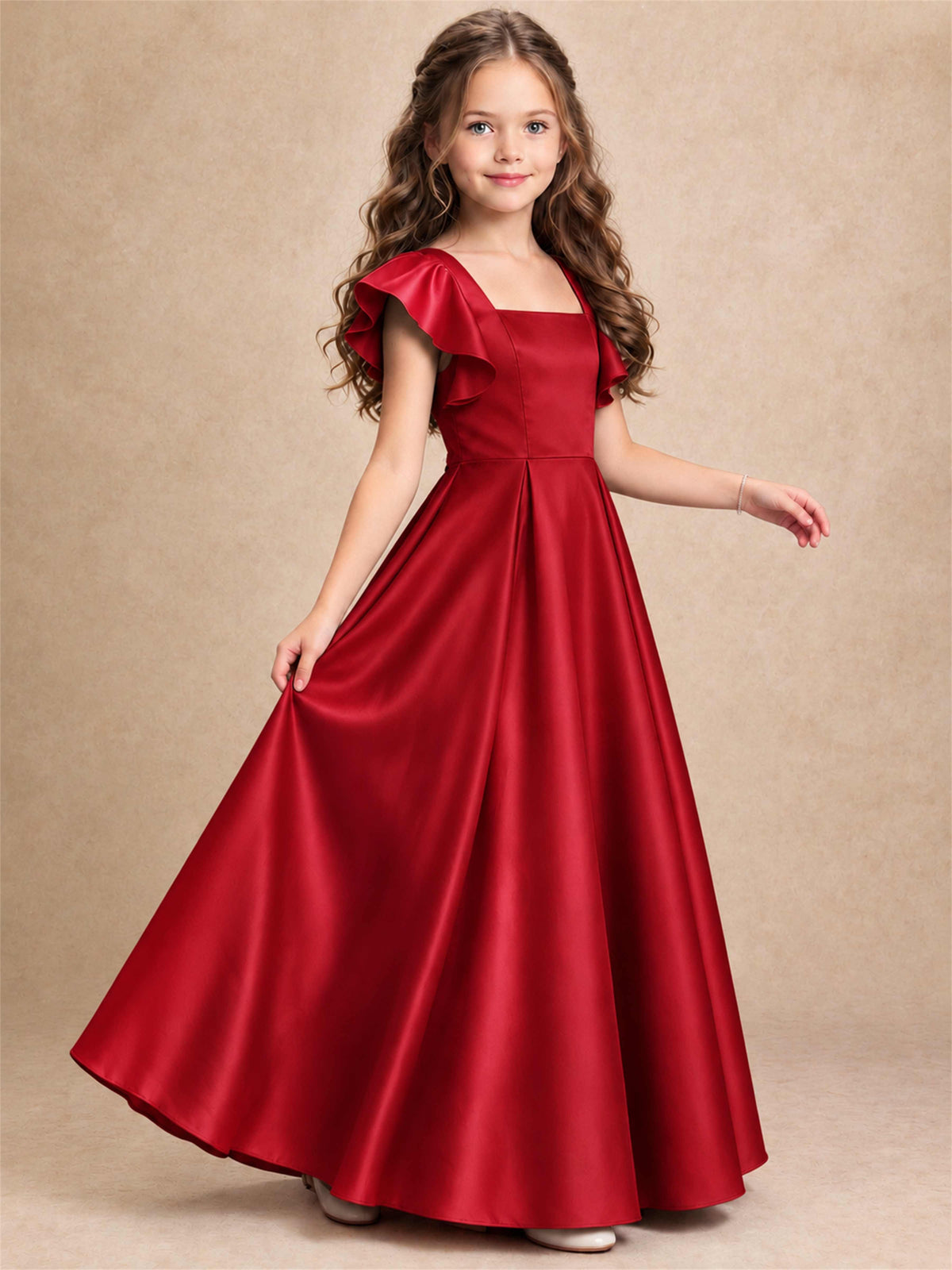 Satin Junior Bridesmaid Dress Ruffle Cap Sleeve Floor Length A Line Wedding Gown