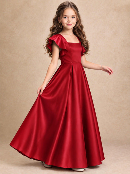 Satin Junior Bridesmaid Dress Ruffle Cap Sleeve Floor Length A Line Wedding Gown