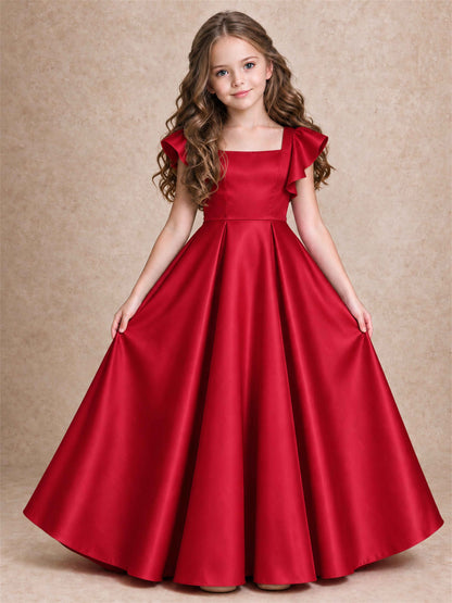 Satin Junior Bridesmaid Dress Ruffle Cap Sleeve Floor Length A Line Wedding Gown