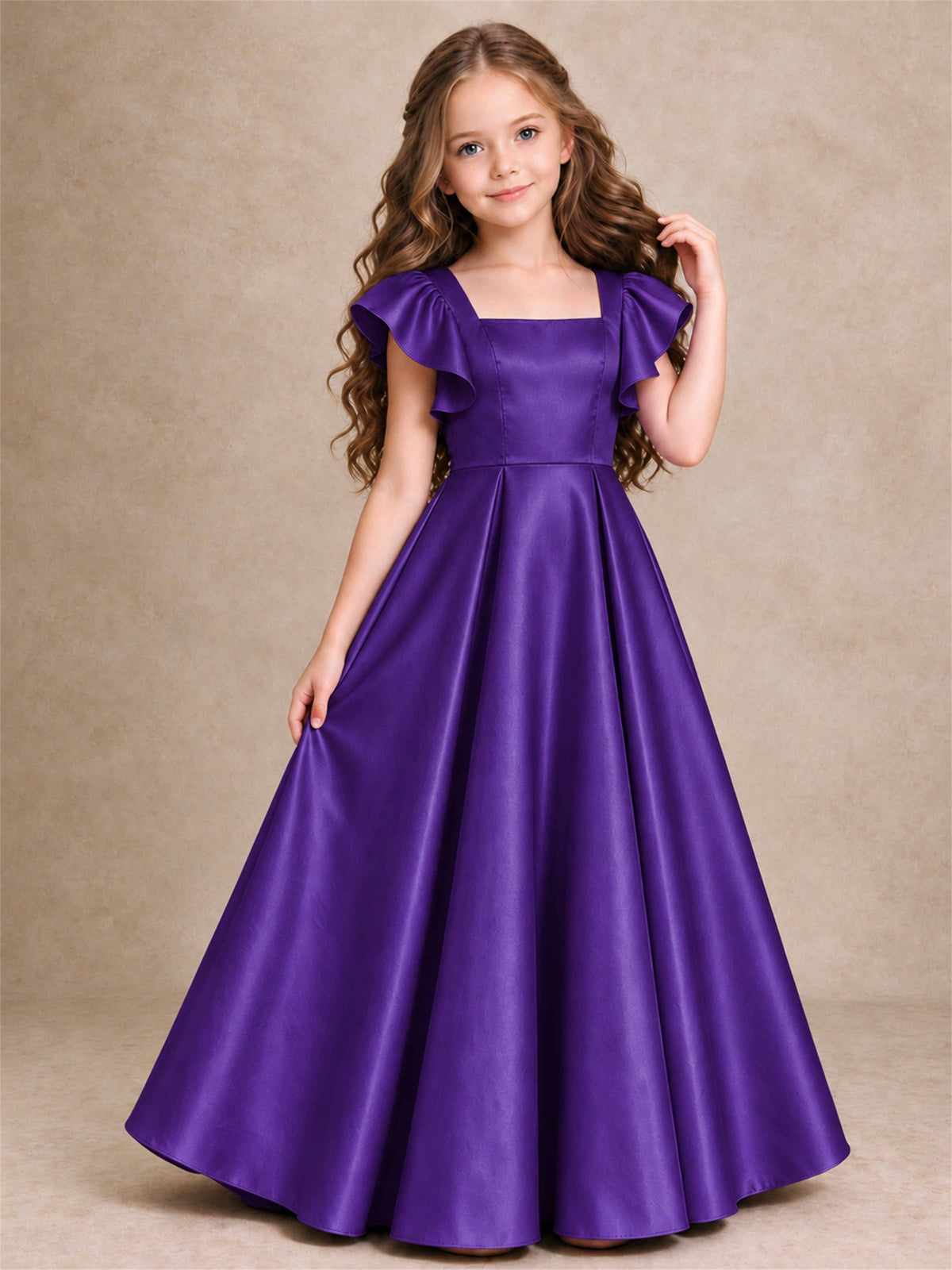 Satin Junior Bridesmaid Dress Ruffle Cap Sleeve Floor Length A Line Wedding Gown