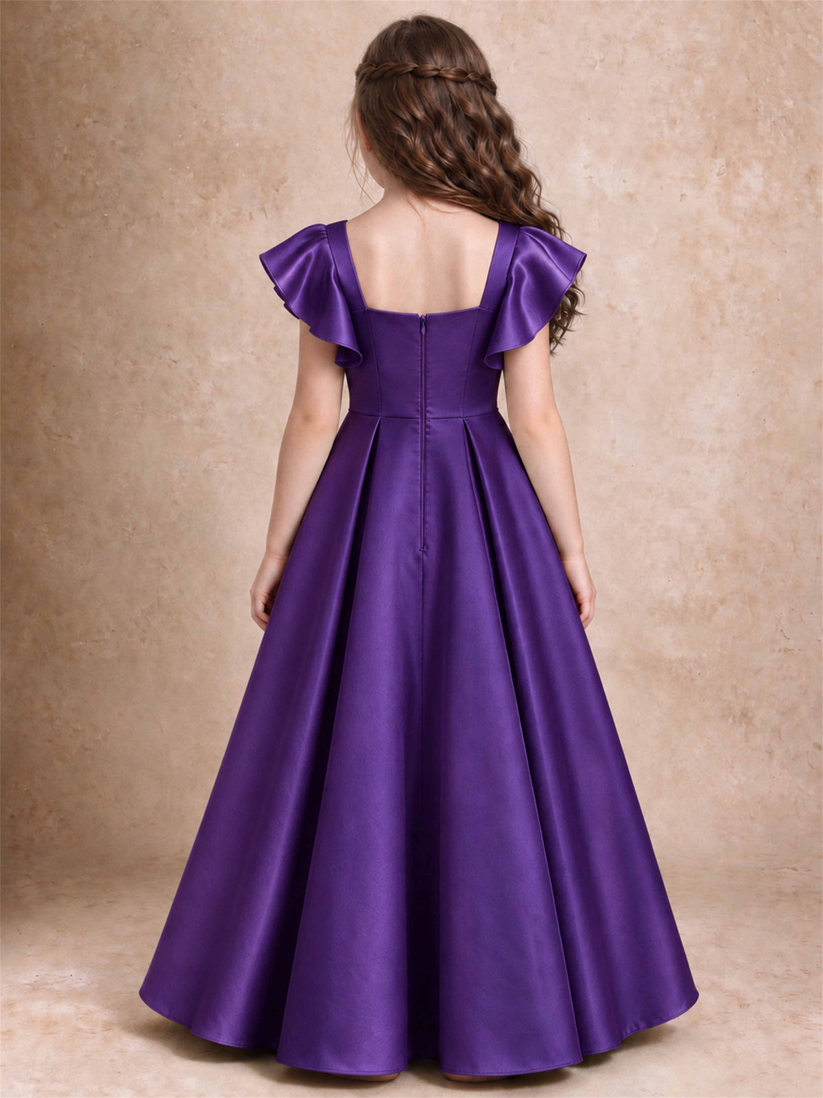 Satin Junior Bridesmaid Dress Ruffle Cap Sleeve Floor Length A Line Wedding Gown
