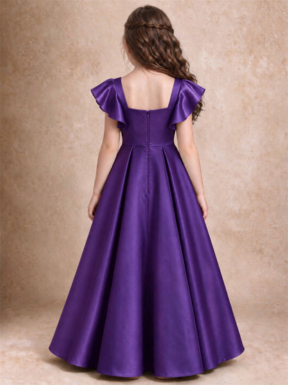 Satin Junior Bridesmaid Dress Ruffle Cap Sleeve Floor Length A Line Wedding Gown