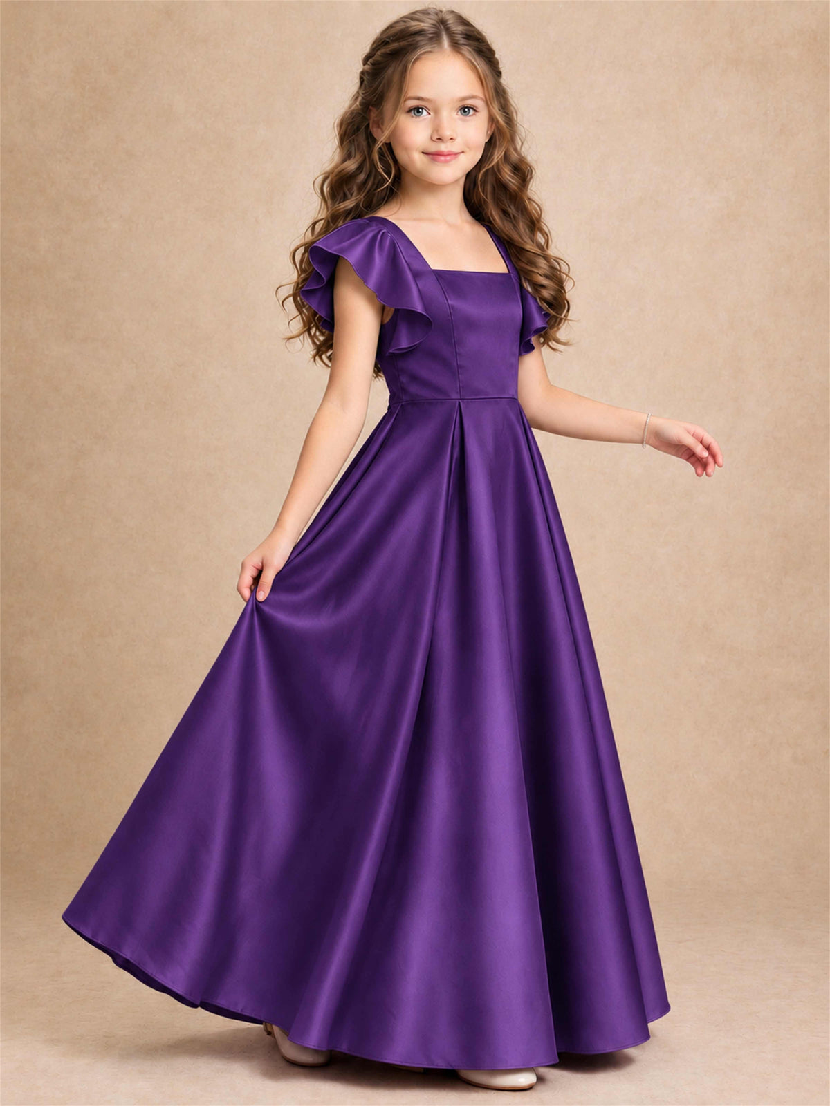 Satin Junior Bridesmaid Dress Ruffle Cap Sleeve Floor Length A Line Wedding Gown