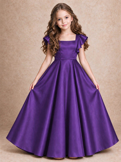 Satin Junior Bridesmaid Dress Ruffle Cap Sleeve Floor Length A Line Wedding Gown