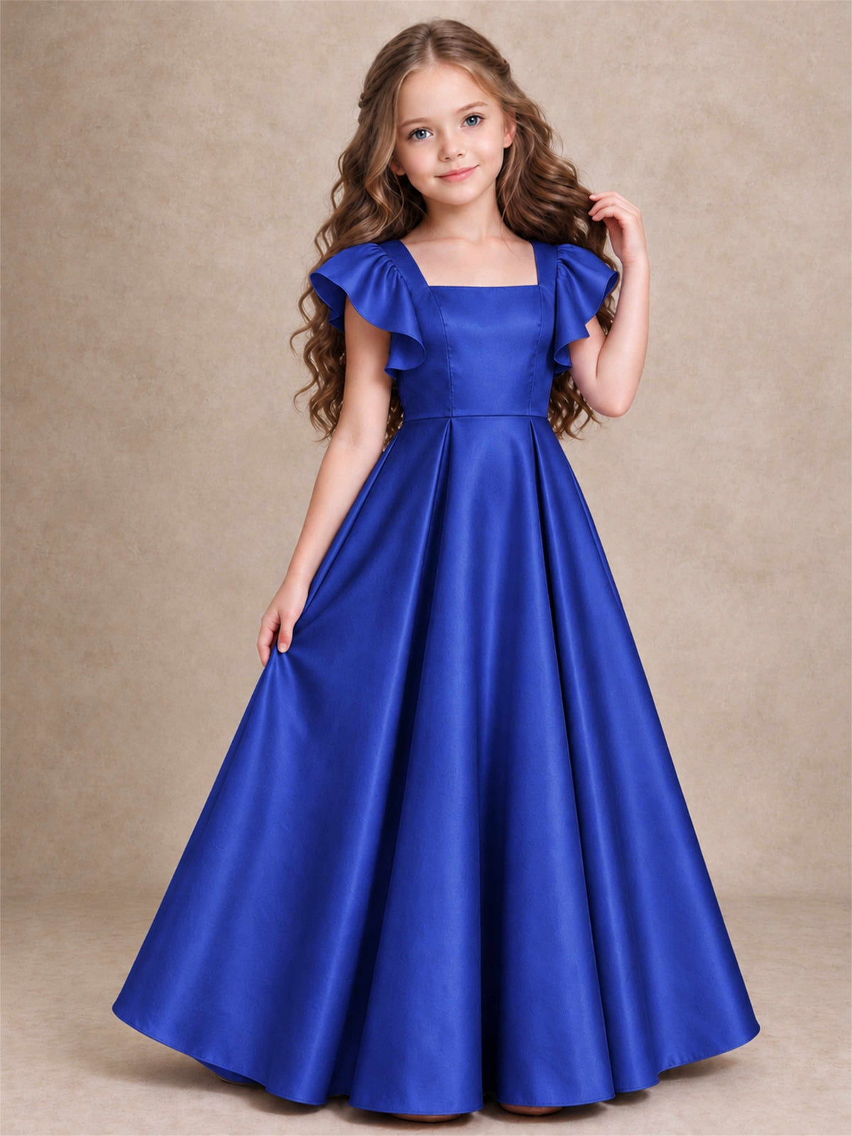 Satin Junior Bridesmaid Dress Ruffle Cap Sleeve Floor Length A Line Wedding Gown