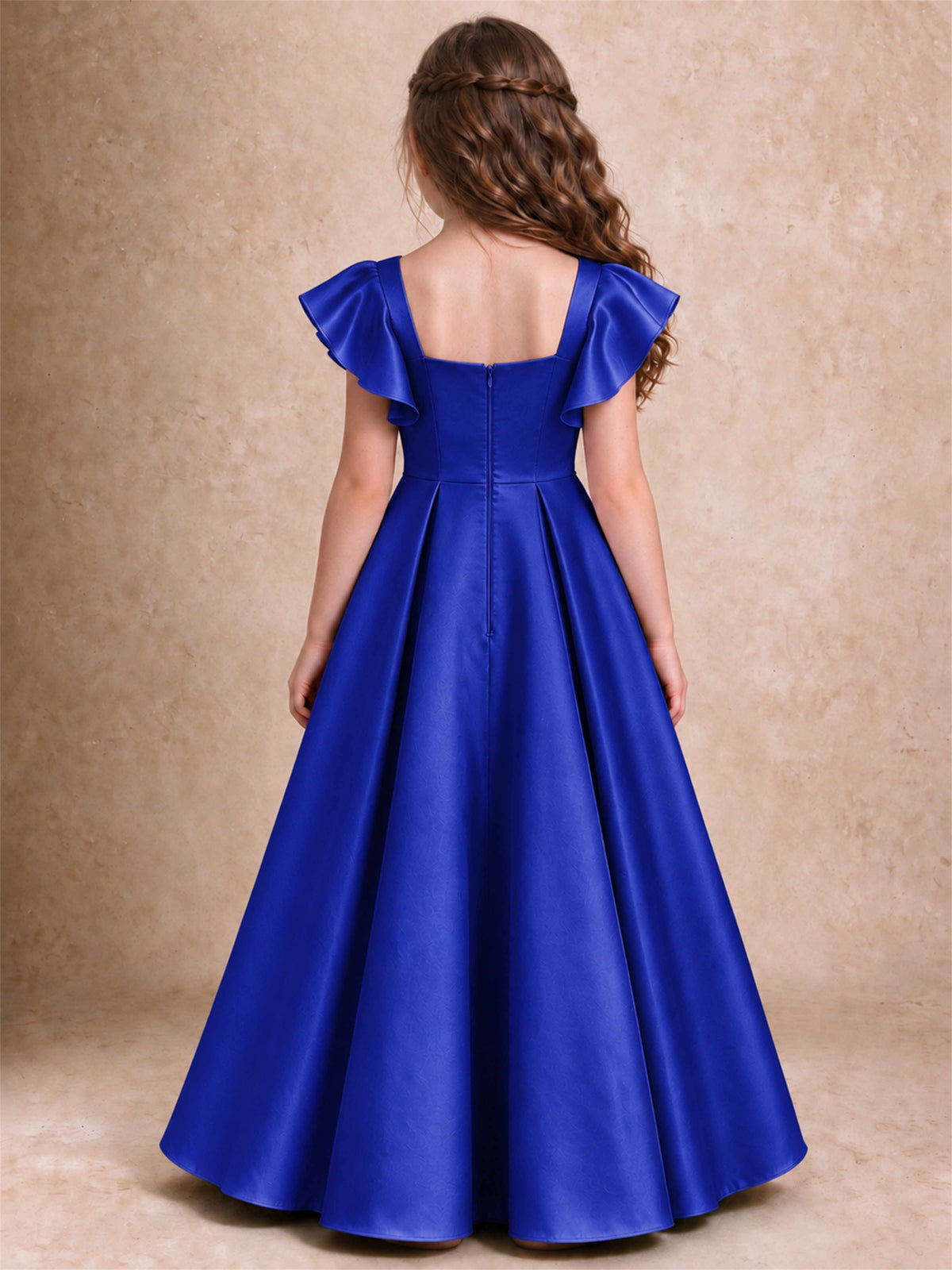 Satin Junior Bridesmaid Dress Ruffle Cap Sleeve Floor Length A Line Wedding Gown