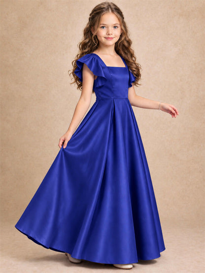 Satin Junior Bridesmaid Dress Ruffle Cap Sleeve Floor Length A Line Wedding Gown