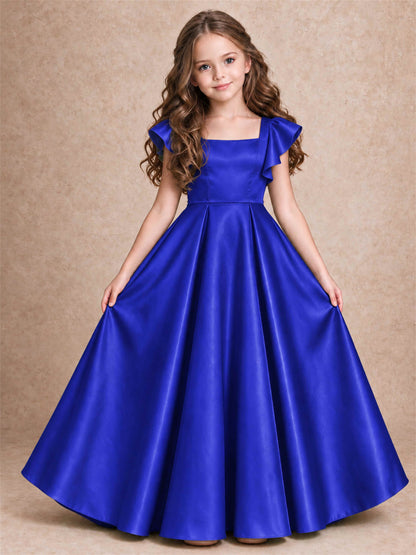 Satin Junior Bridesmaid Dress Ruffle Cap Sleeve Floor Length A Line Wedding Gown