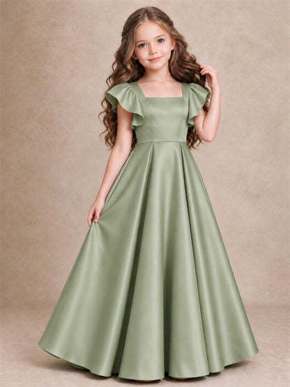 Satin Junior Bridesmaid Dress Ruffle Cap Sleeve Floor Length A Line Wedding Gown