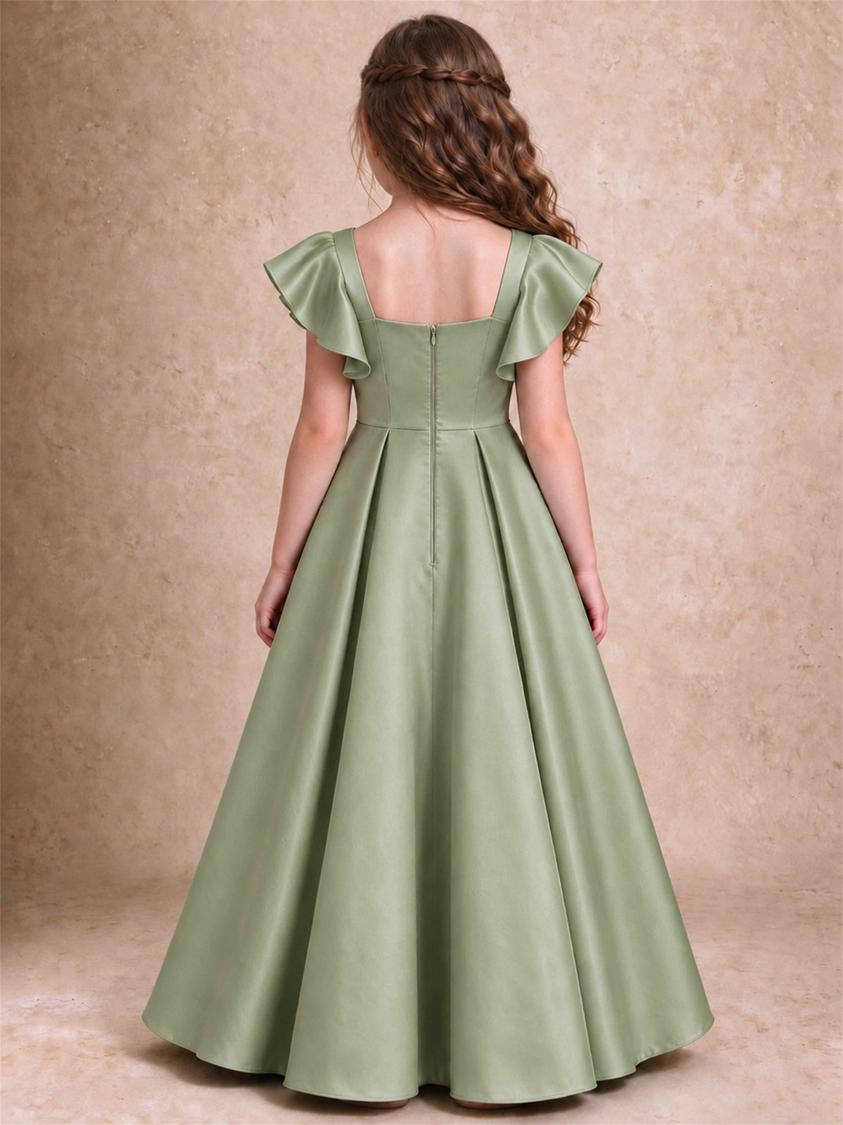 Satin Junior Bridesmaid Dress Ruffle Cap Sleeve Floor Length A Line Wedding Gown
