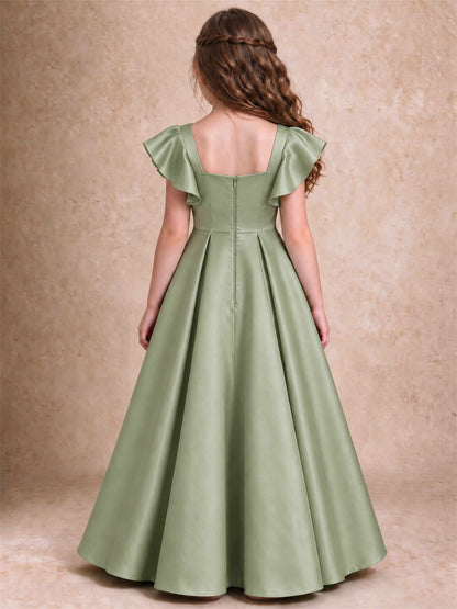 Satin Junior Bridesmaid Dress Ruffle Cap Sleeve Floor Length A Line Wedding Gown