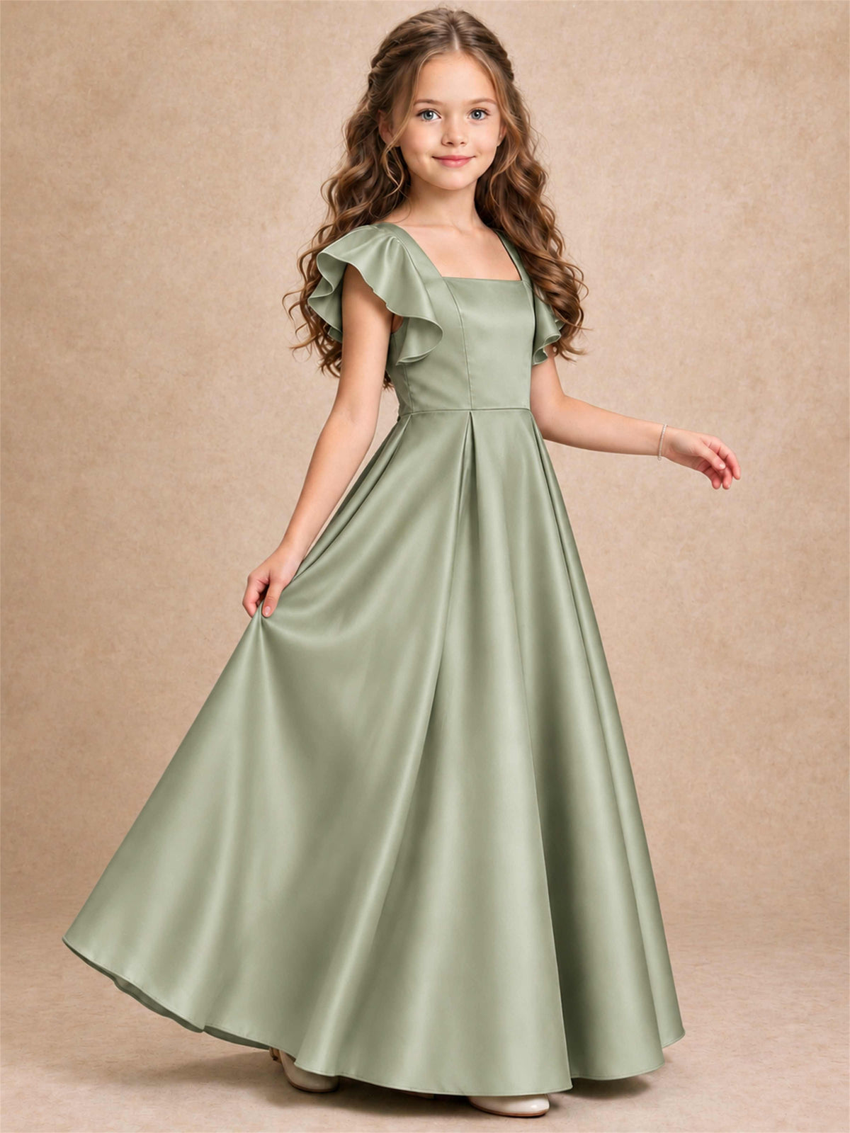 Satin Junior Bridesmaid Dress Ruffle Cap Sleeve Floor Length A Line Wedding Gown