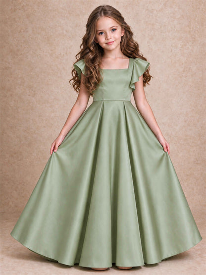 Satin Junior Bridesmaid Dress Ruffle Cap Sleeve Floor Length A Line Wedding Gown
