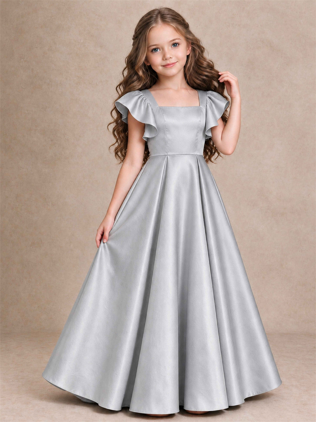 Satin Junior Bridesmaid Dress Ruffle Cap Sleeve Floor Length A Line Wedding Gown