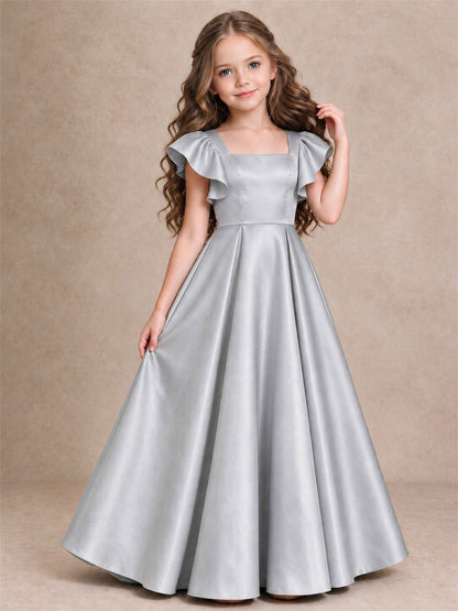 Satin Junior Bridesmaid Dress Ruffle Cap Sleeve Floor Length A Line Wedding Gown