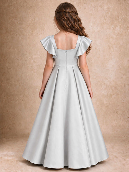 Satin Junior Bridesmaid Dress Ruffle Cap Sleeve Floor Length A Line Wedding Gown