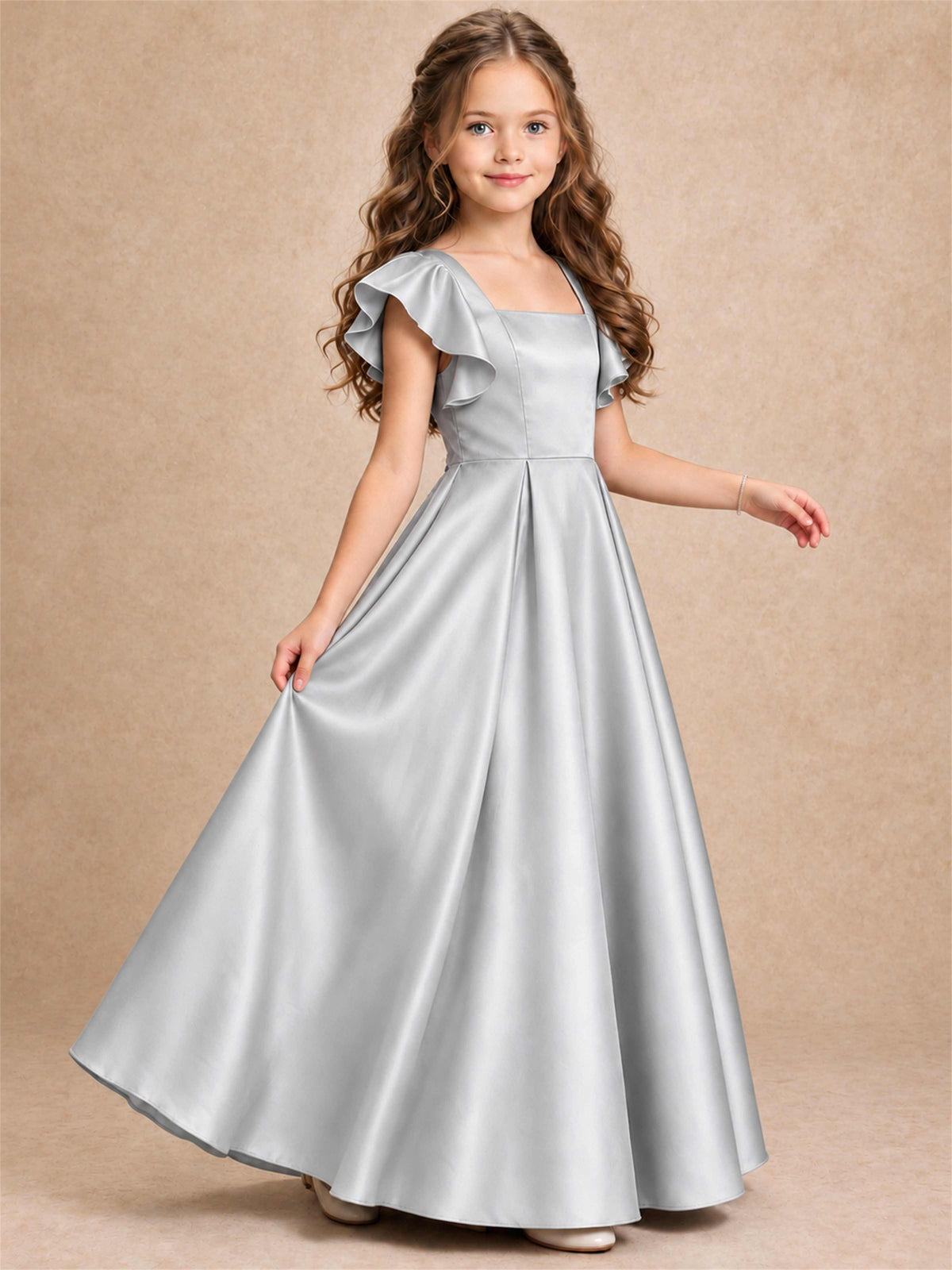 Satin Junior Bridesmaid Dress Ruffle Cap Sleeve Floor Length A Line Wedding Gown